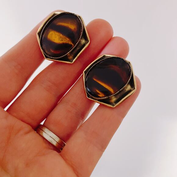 Vintage Signed Original by Robert Clip On Earrings, MCM Glass Hexagon Cabochon - Picture 3 of 10